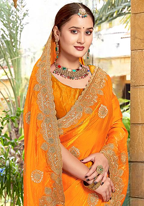 Mustard Yellow Embroidered Silk Saree Set