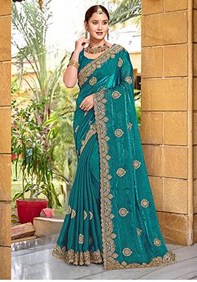 Rama Green Embroidered Silk Saree Set
