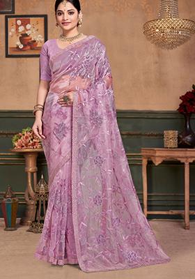 Lavender Embroidered Silk Saree Set