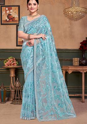 Dusty Sky Blue Embroidered Silk Saree Set