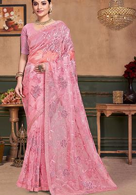 Dusty Peach Embroidered Silk Saree Set