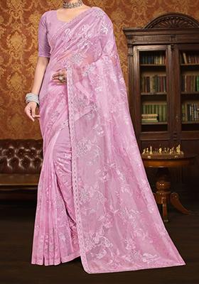Lavender Embroidered Silk Saree Set