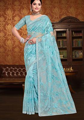 Dusty Sky Blue Embroidered Silk Saree Set