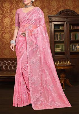 Dusty Peach Embroidered Silk Saree Set