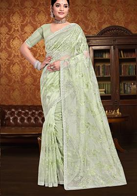 Dusty Pista Green Embroidered Silk Saree Set