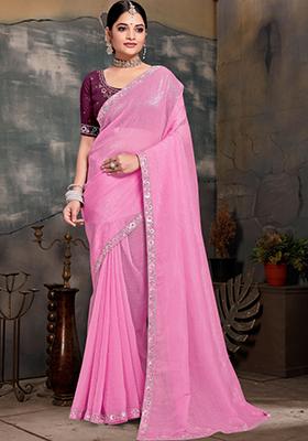Pink Embroidered Silk Saree Set