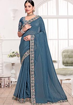 Off Green Embroidered Silk Saree Set