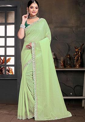 Off Green Embroidered Silk Saree Set