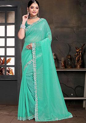 Light Jade Green Embroidered Silk Saree Set