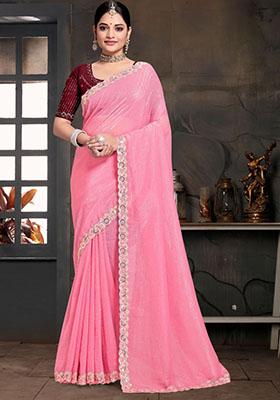 Light Pink Embroidered Silk Saree Set