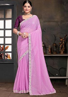 Pink Embroidered Silk Saree Set
