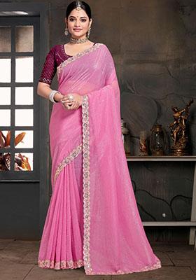 Pink Embroidered Silk Saree Set