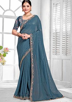 Sky Blue Embroidered Silk Saree Set