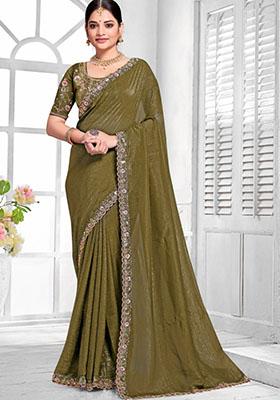 Mehendi Green Embroidered Silk Saree Set