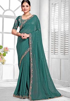 Bright Jade Green Embroidered Silk Saree Set