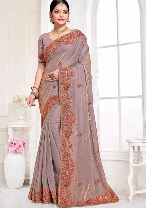 Grey Embroidered Silk Saree Set