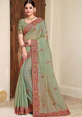Green Embroidered Silk Saree Set