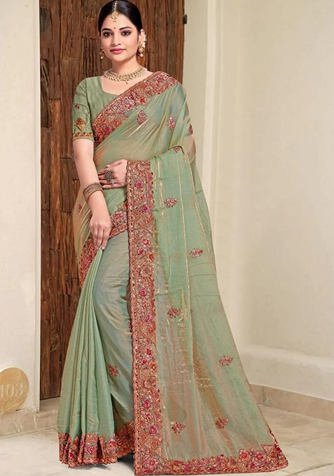 Green Embroidered Silk Saree Set