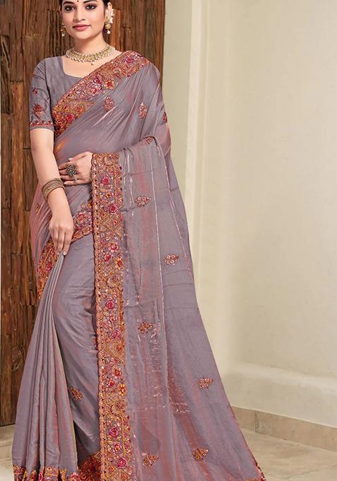 Grey Embroidered Silk Saree Set