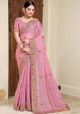 Pink Embroidered Silk Saree Set