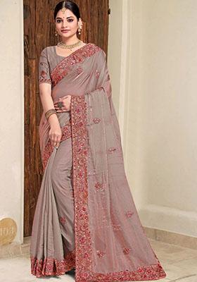 Grey Embroidered Silk Saree Set