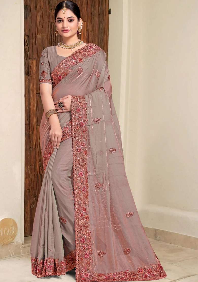Grey Embroidered Silk Saree Set - Indya