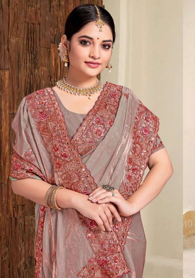 Grey Embroidered Silk Saree Set - Indya