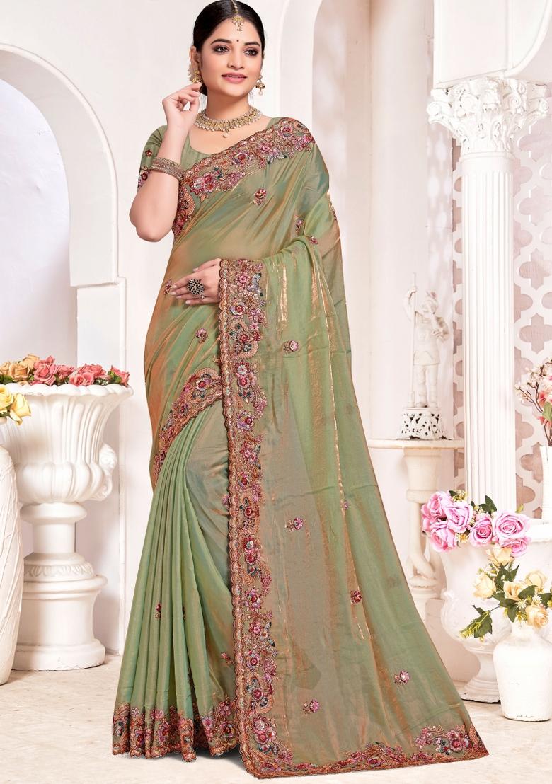 Pastel Green Embroidered Silk Saree Set