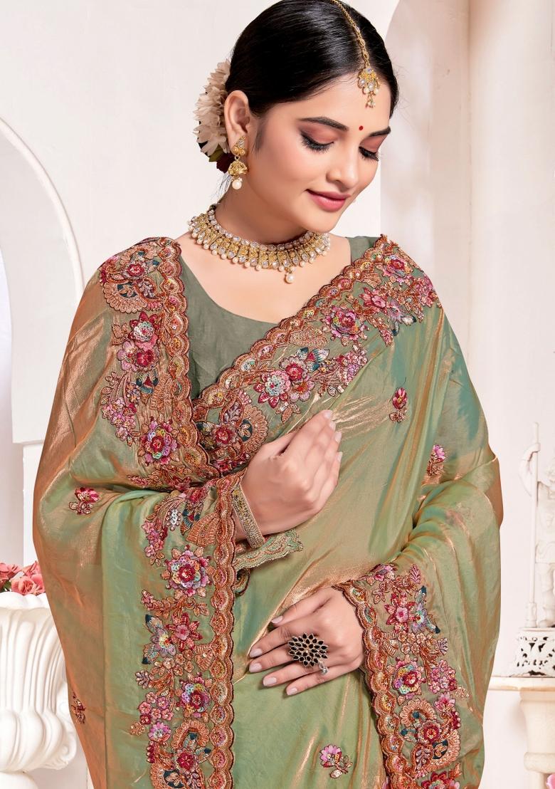 Pastel Green Embroidered Silk Saree Set