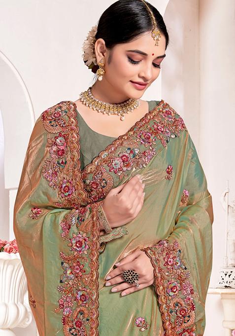 Pastel Green Embroidered Silk Saree Set