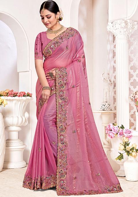 Pink Embroidered Silk Saree Set