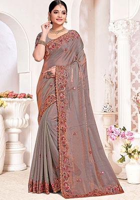 Grey Embroidered Silk Saree Set