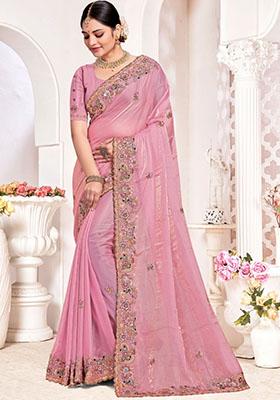 Pink Embroidered Silk Saree Set