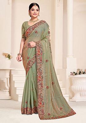 Pastel Green Embroidered Silk Saree Set