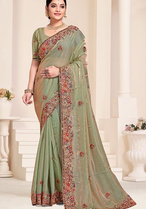 Pastel Green Embroidered Silk Saree Set