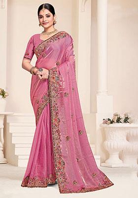 Pink Embroidered Silk Saree Set