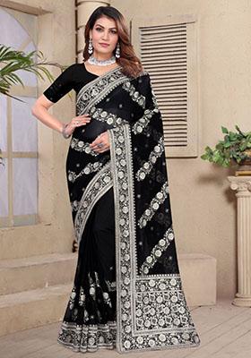 Black Embroidered Silk Saree Set