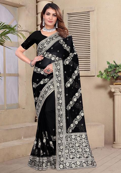 Black Embroidered Silk Saree Set