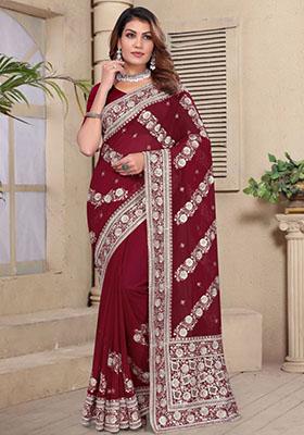 Maroon Embroidered Silk Saree Set