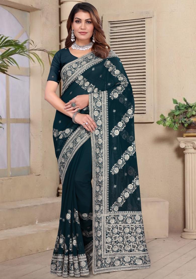 Morpeach Blue Embroidered Silk Saree Set