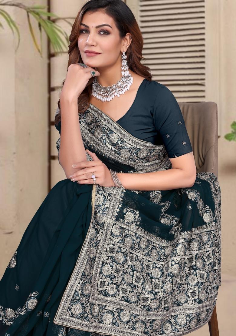 Morpeach Blue Embroidered Silk Saree Set