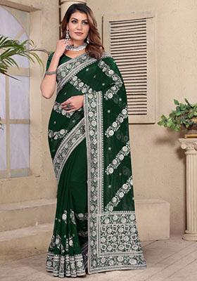 Bottle Green Embroidered Silk Saree Set