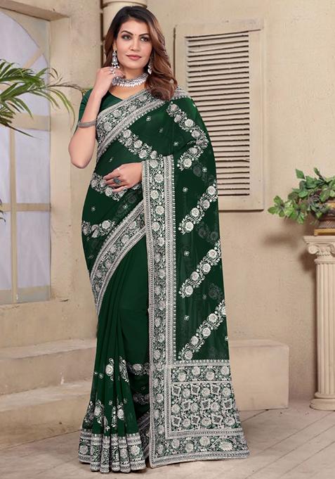 Bottle Green Embroidered Silk Saree Set