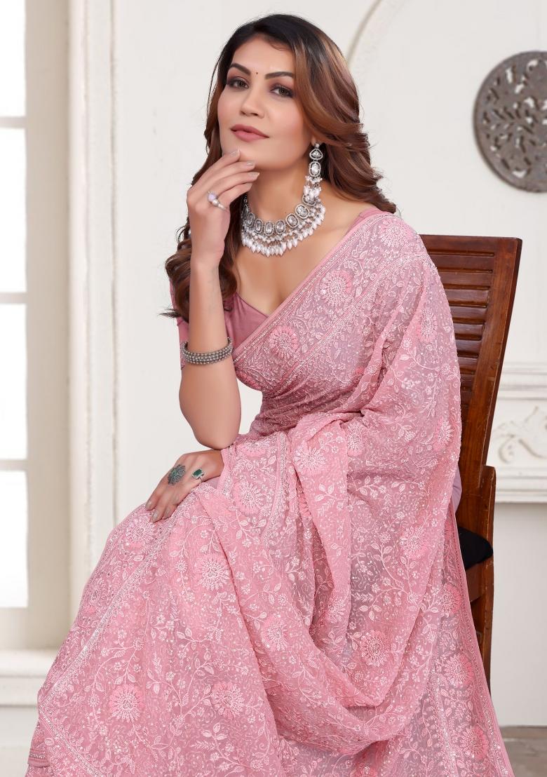 Dusty Pink Embroidered Silk Saree Set