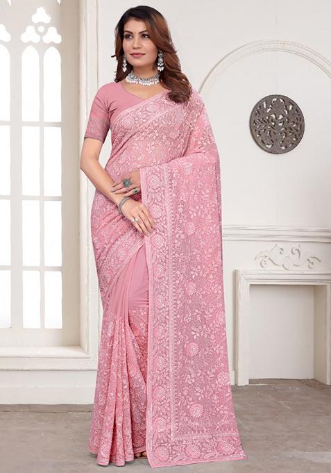 Dusty Pink Embroidered Silk Saree Set