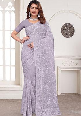 Lavender Embroidered Silk Saree Set