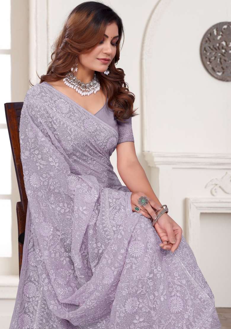 Lavender Embroidered Silk Saree Set - Indya