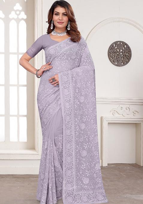 Lavender Embroidered Silk Saree Set