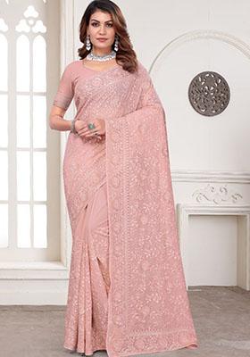 Dusty Peach Embroidered Silk Saree Set