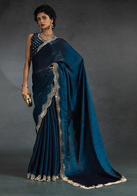 Morpeach Blue Embroidered Silk Saree Set